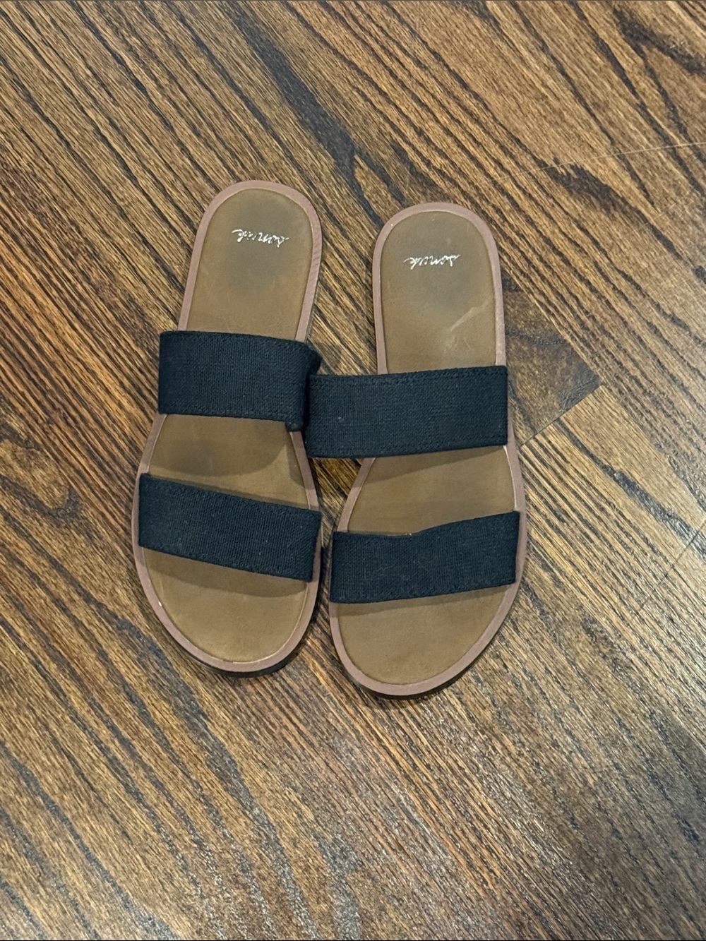 Sanuk Black and Brown Two-Strap Slide Sandals